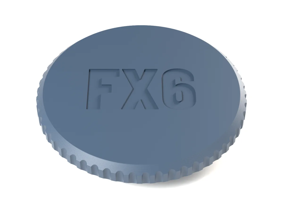 Sony E body cap with the flutes grip and FX6 engraved into the face for one filament