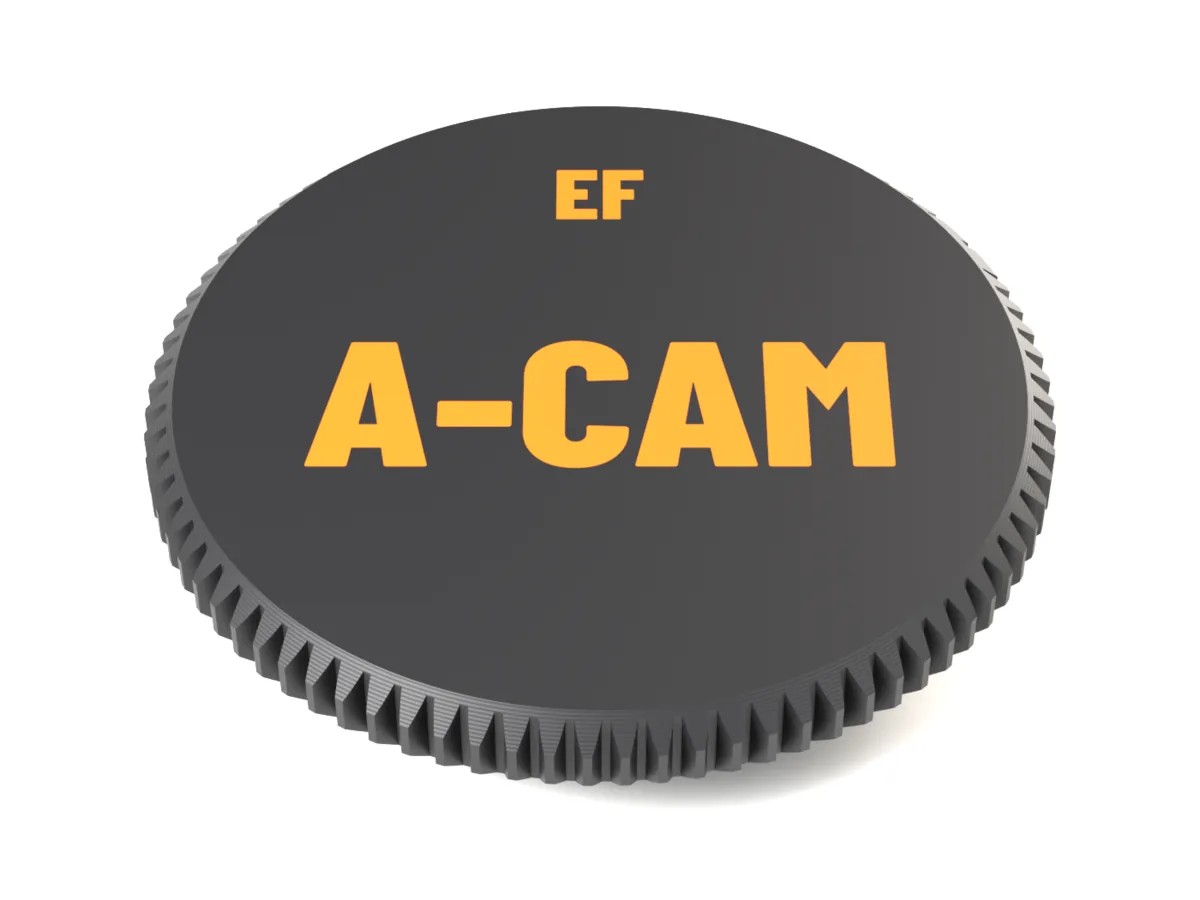Face of the Canon EF AirTag body cap with A-CAM and EF as a two-colour inlay