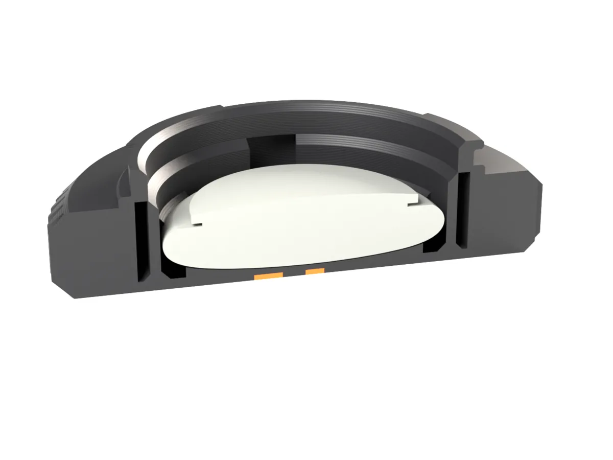 Cut through the Micro Four Thirds AirTag body cap: the AirTag held by the snap ring behind the face