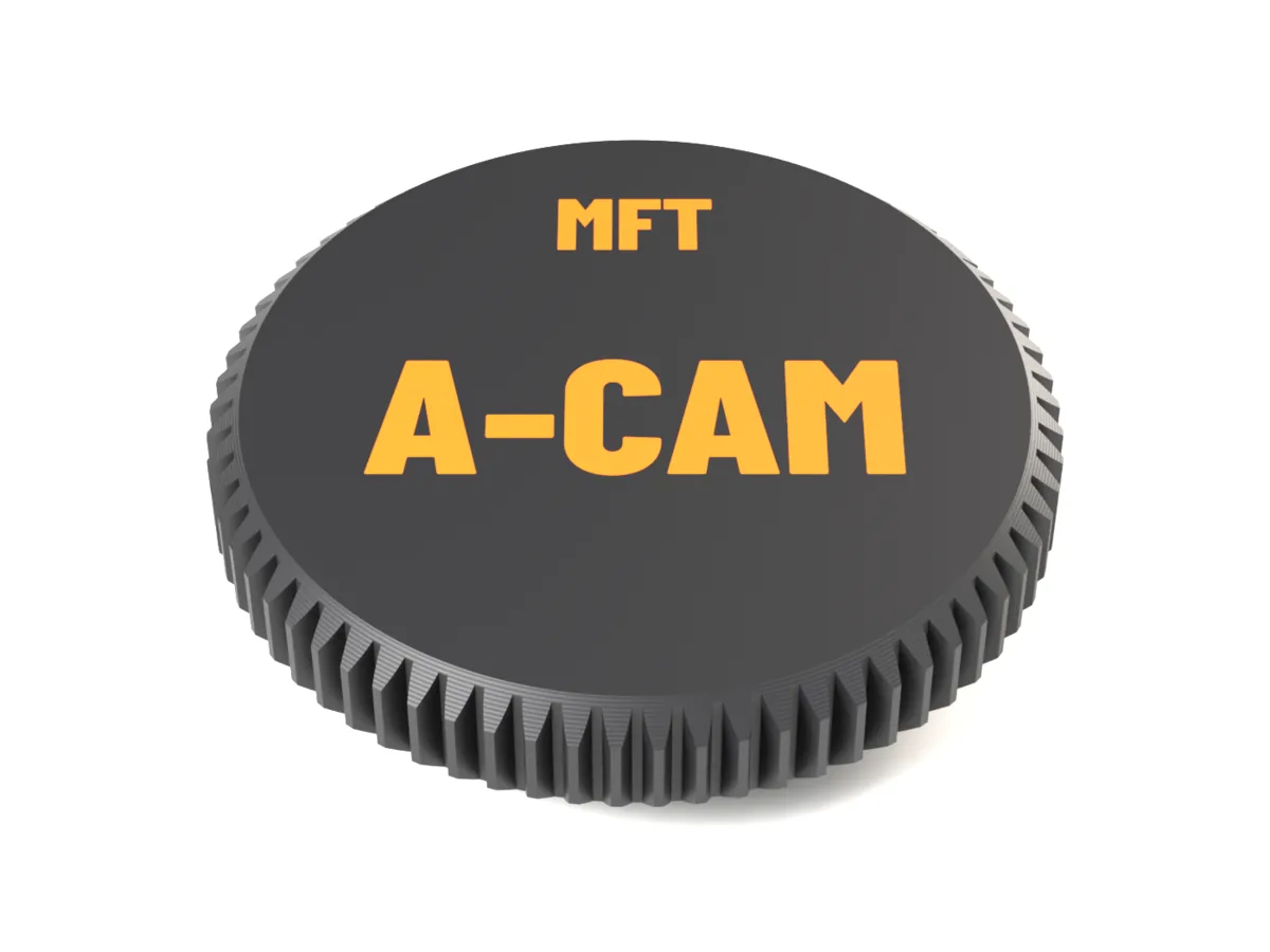 Face of the Micro Four Thirds AirTag body cap with A-CAM and MFT as a two-colour inlay