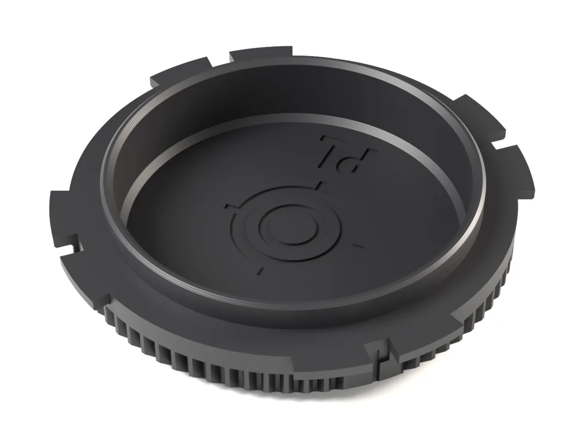 ARRI PL body cap, 3D printed, seen from the camera side with its four flanges and pin notches