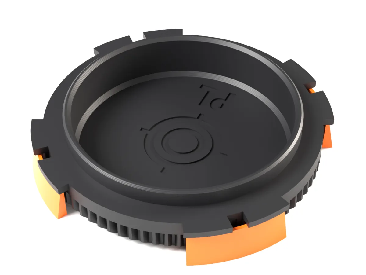 ARRI PL body cap as it comes off the printer: the break-off supports under the flanges shown in orange