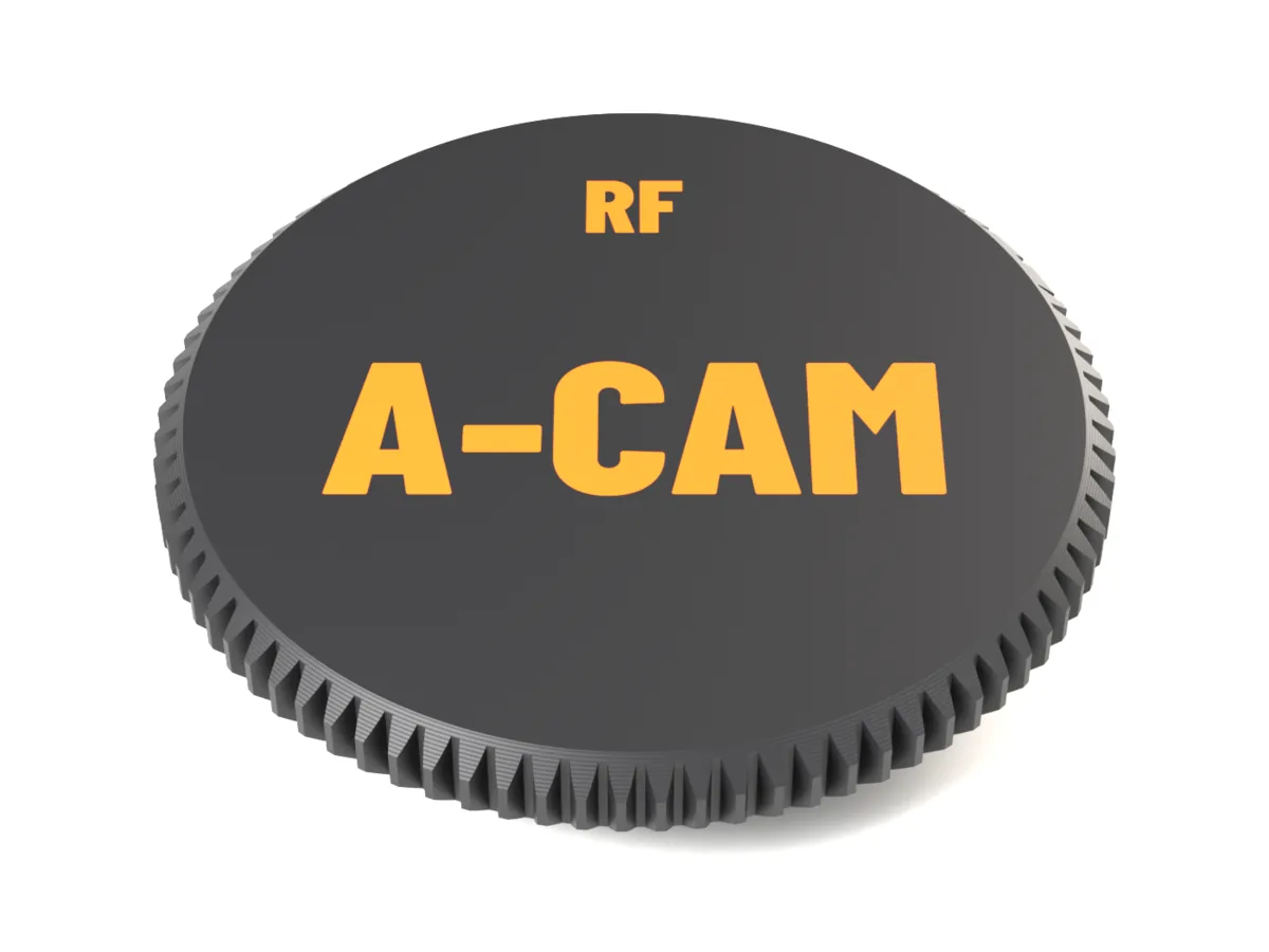Face of the Canon RF AirTag body cap with A-CAM and RF as a two-colour inlay