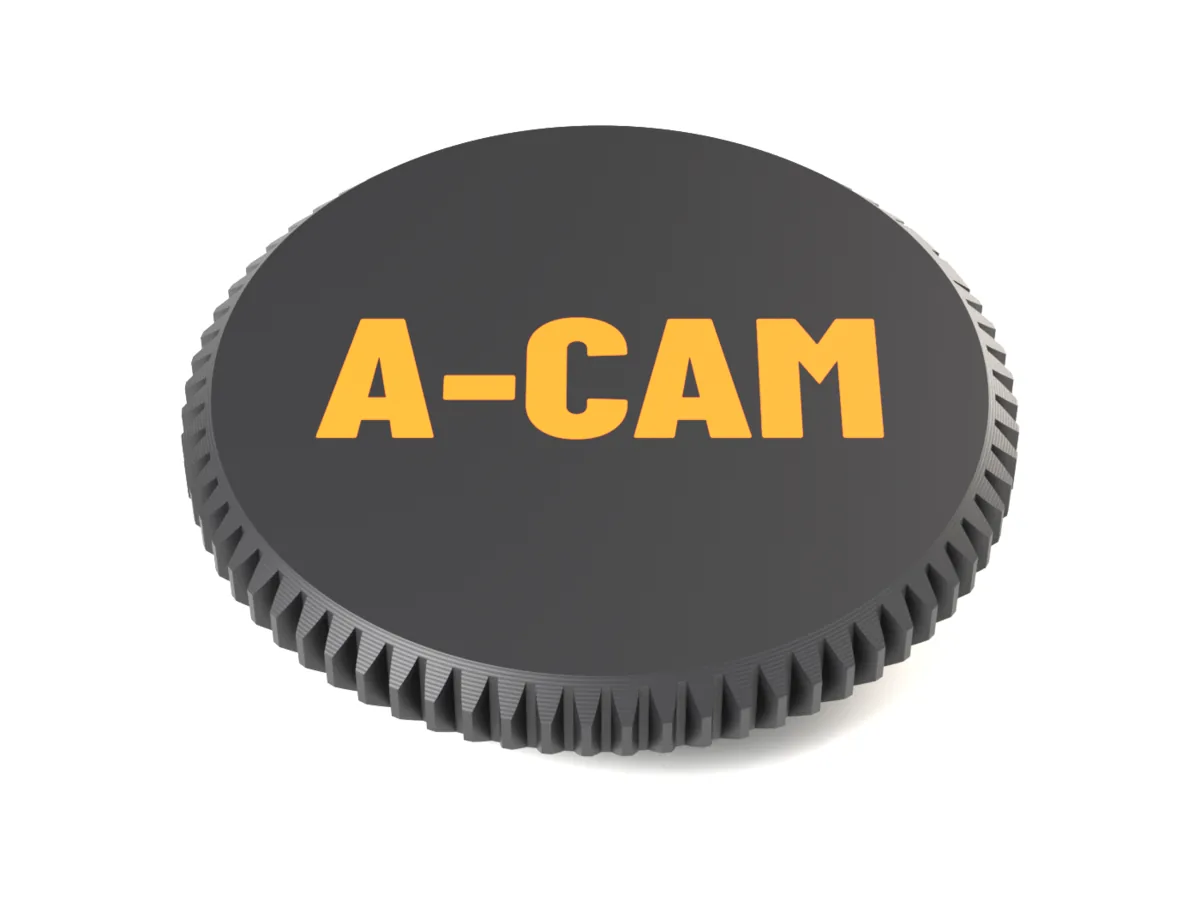 Face of the Fujifilm X body cap with A-CAM as a flush two-colour inlay