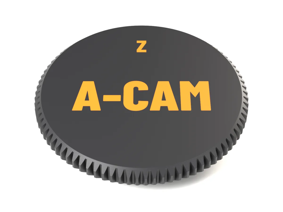Face of the Nikon Z AirTag body cap with A-CAM and Z as a two-colour inlay