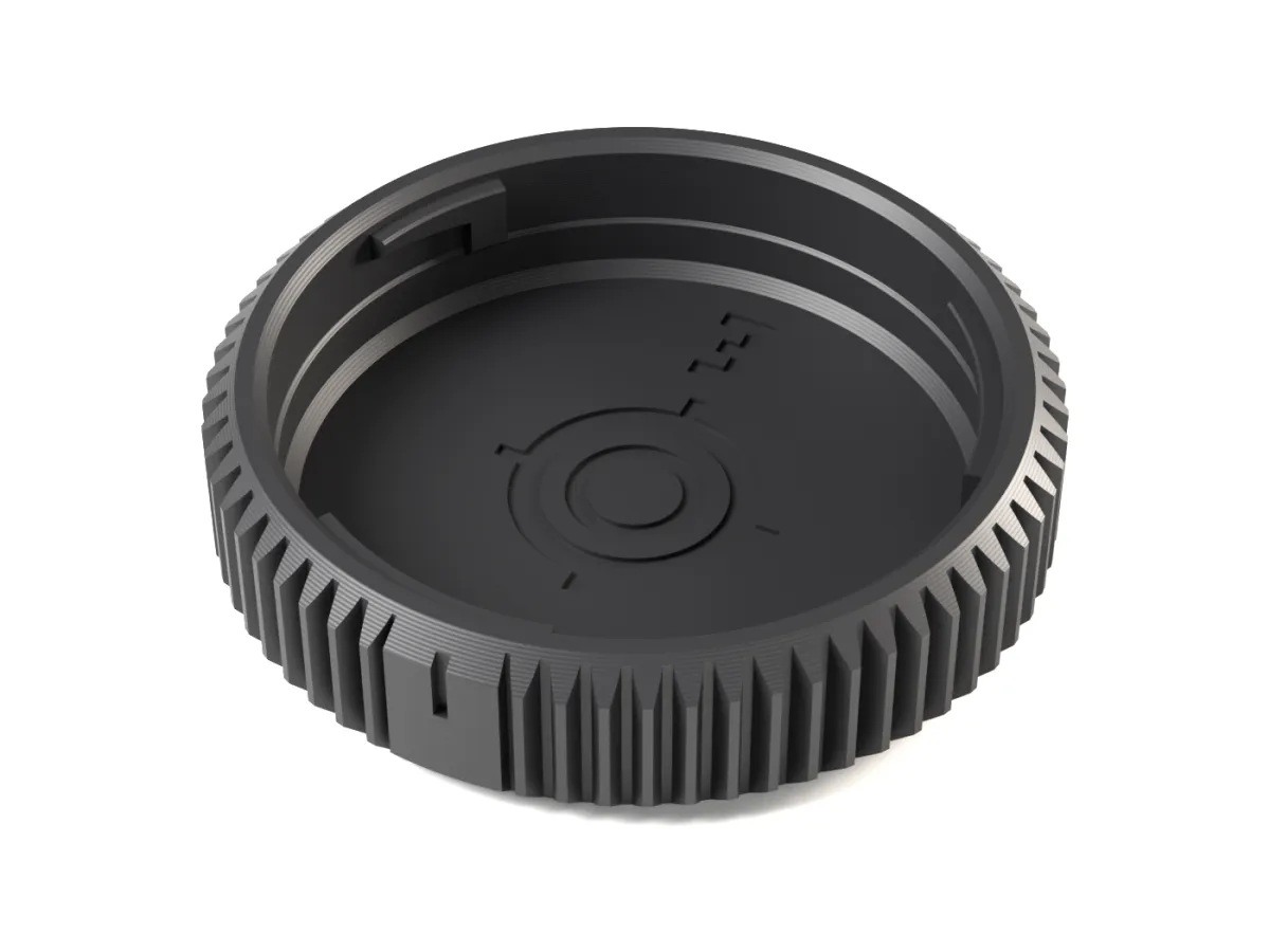 Sony E / FE rear lens cap, 3D printed, seen from the lens side with its bayonet claws
