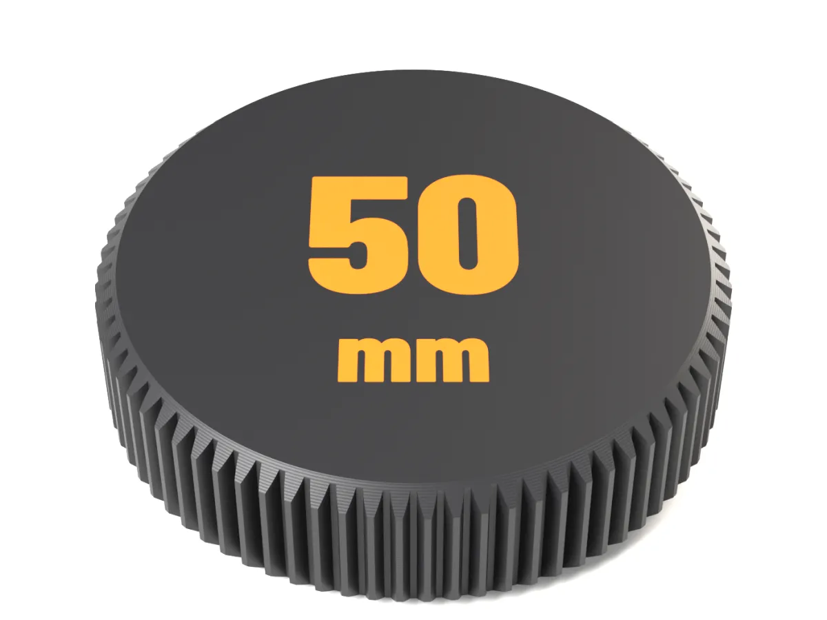 Face of the Canon EF rear cap with 50 mm as a flush two-colour inlay