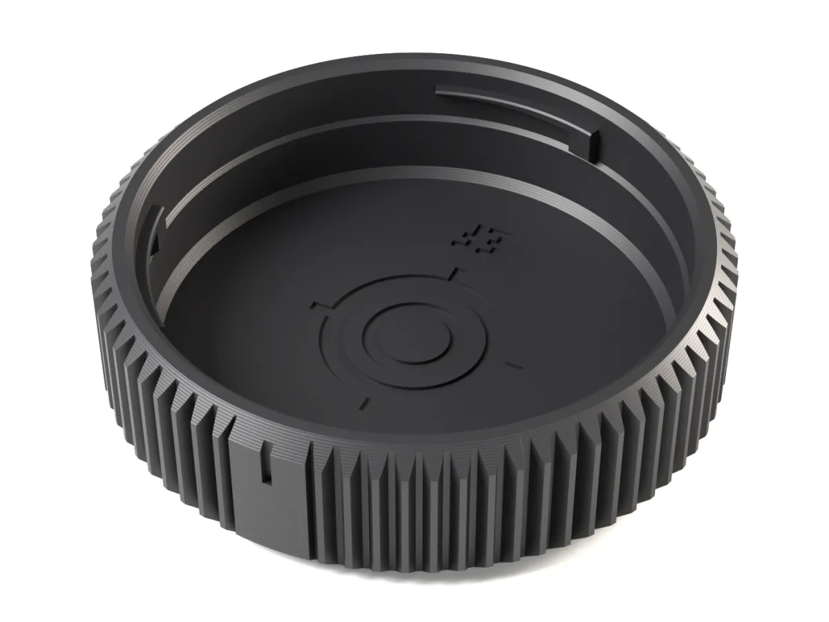 Canon EF / EF-S rear lens cap, 3D printed, seen from the lens side with its bayonet claws