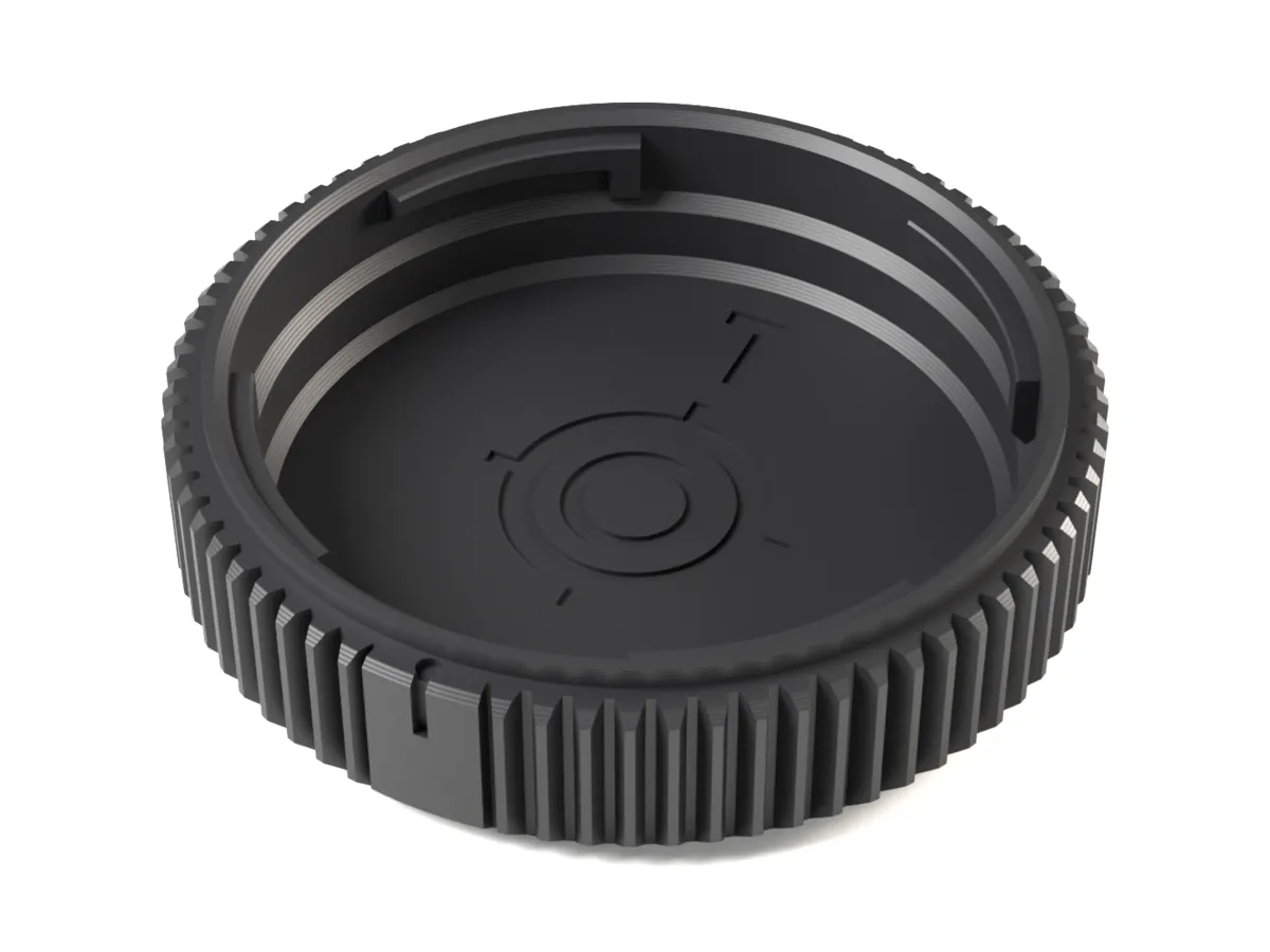 L-Mount rear lens cap, 3D printed, seen from the lens side with its bayonet claws