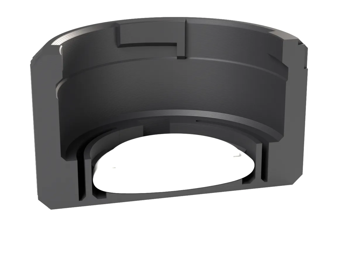 Cut through the Leica M AirTag rear cap: the AirTag held by the snap ring below the lens room