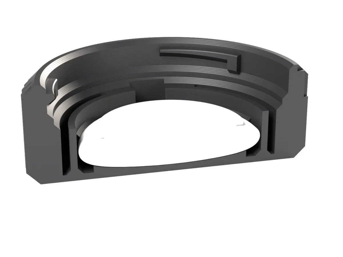 Cut through the Micro Four Thirds AirTag rear cap: the AirTag held by the snap ring below the lens room