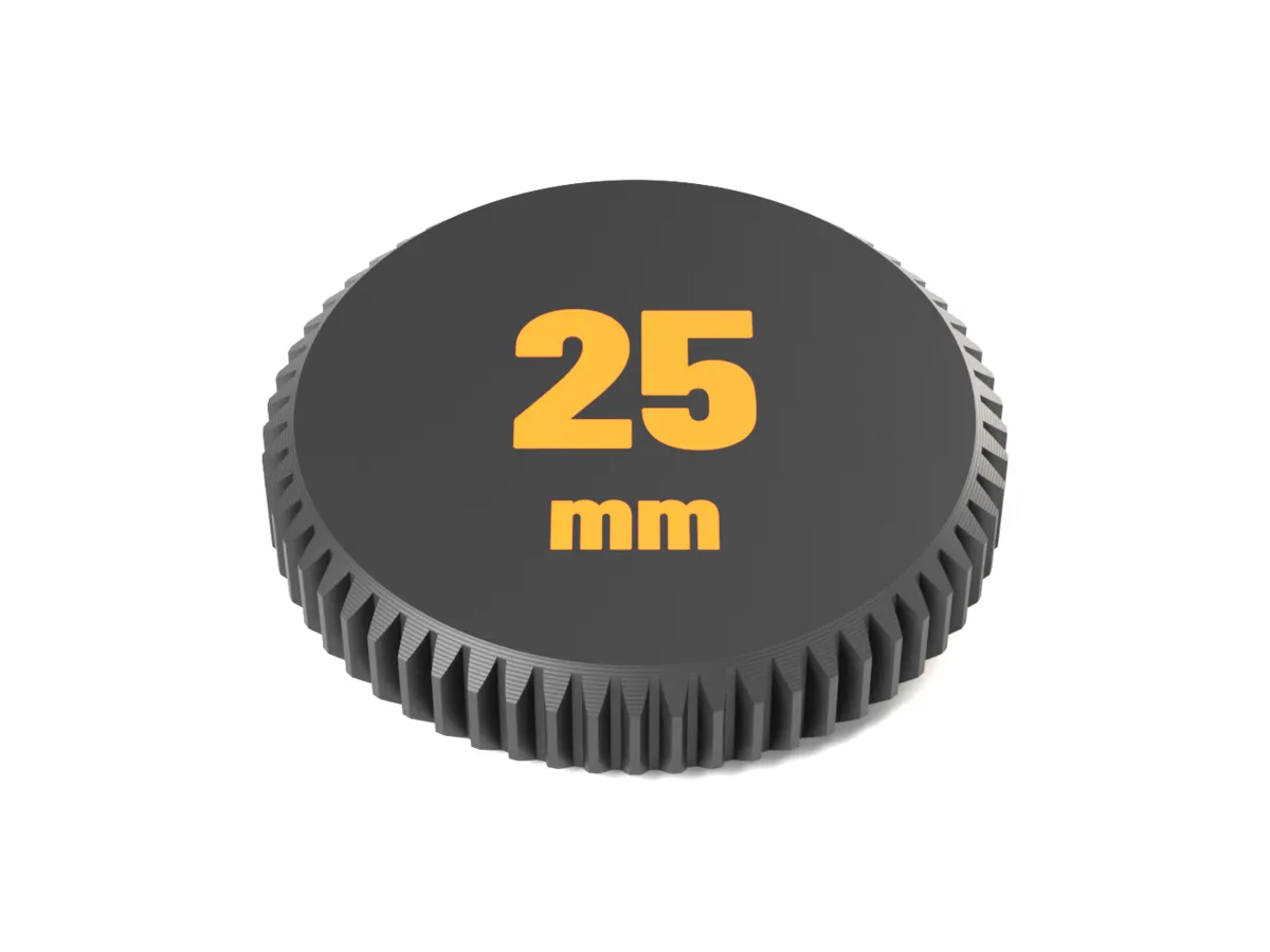 Face of the Micro Four Thirds rear cap with 25 mm as a two-colour inlay