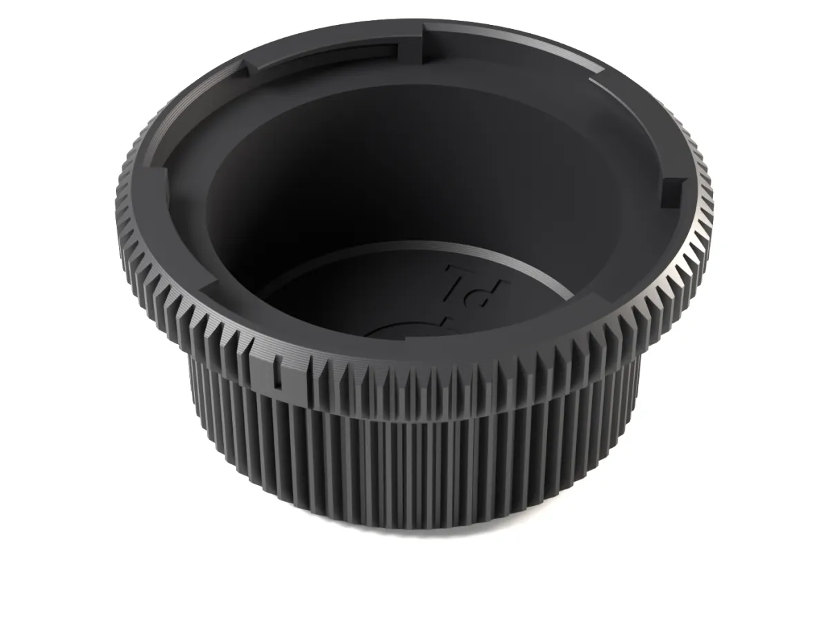 ARRI PL rear lens cap, 3D printed, seen from the lens side with its bayonet claws
