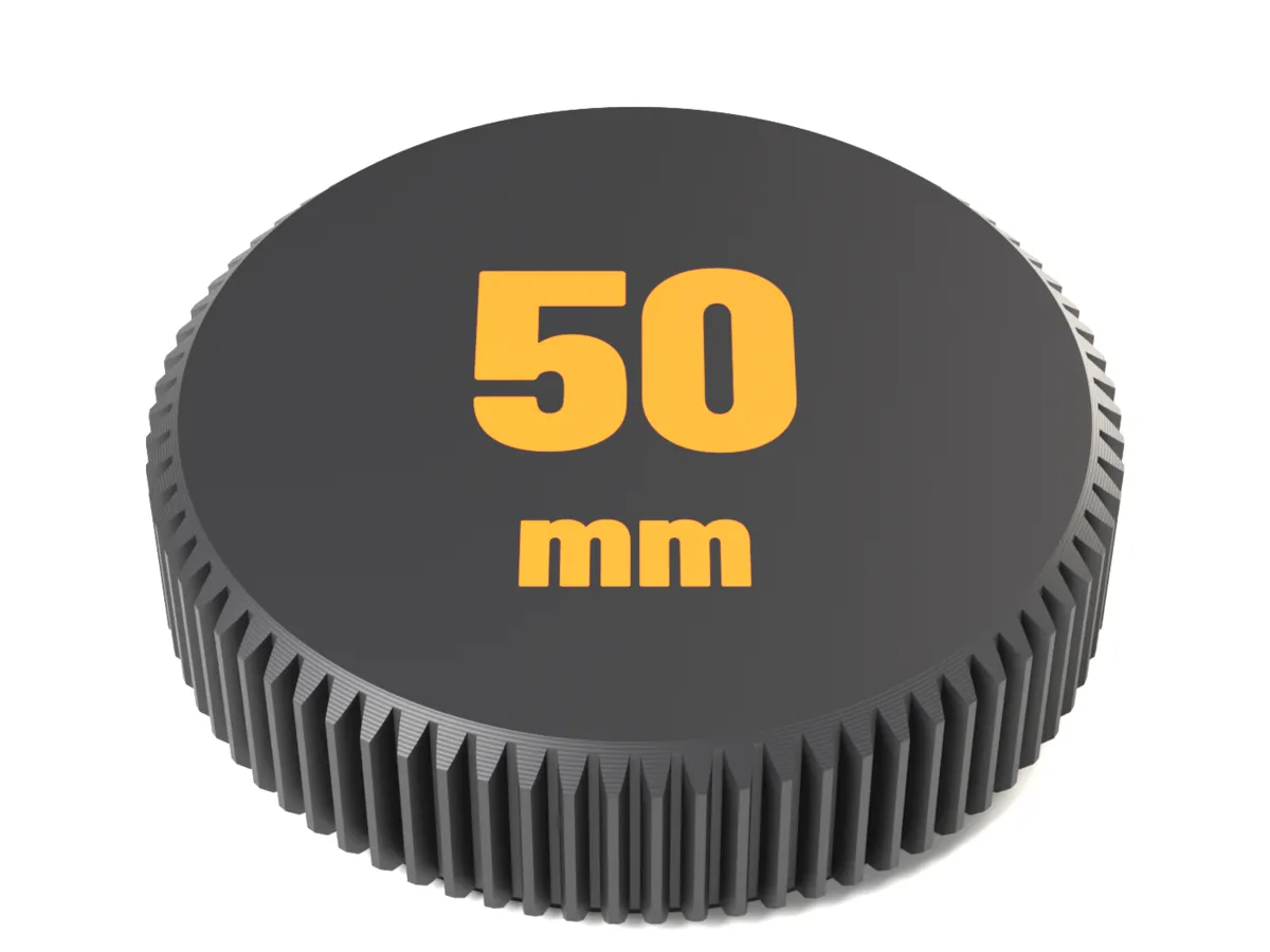 Face of the Canon RF rear cap with 50 mm as a flush two-colour inlay