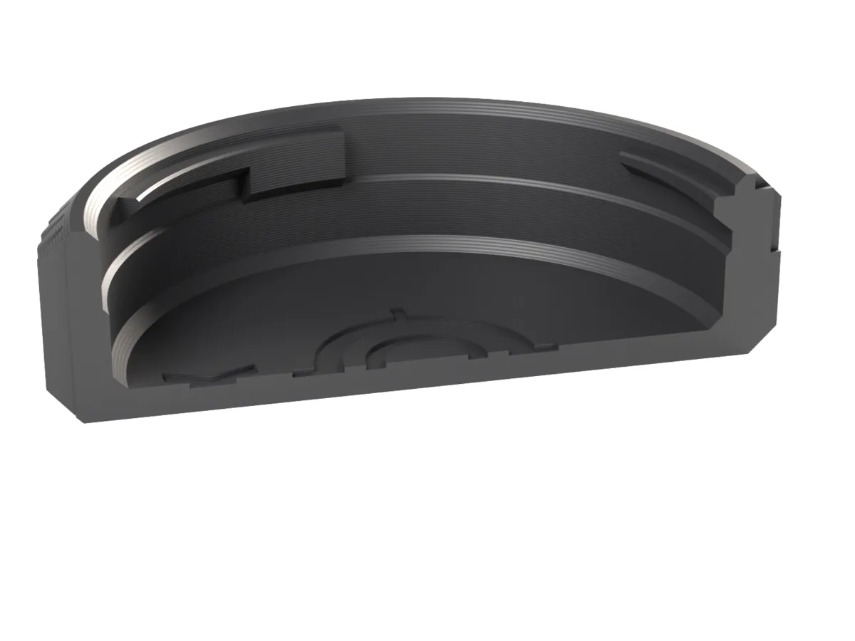 Cut through the Fujifilm X rear cap: claws, ramp and the room for the rear element
