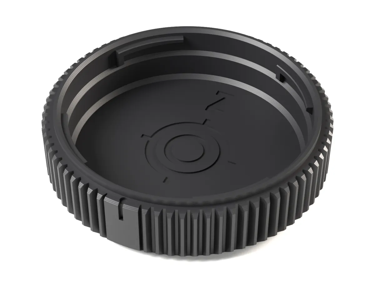 Nikon Z rear lens cap, 3D printed, seen from the lens side with its bayonet claws